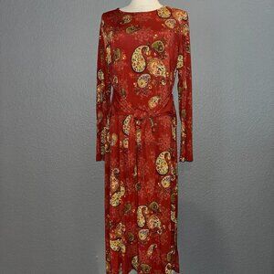 JOHNNY WAS PAISLEY PRINT DRESS STRETCH KNIT PULL OVER LONG SLEEVES SIDE SLITS -L